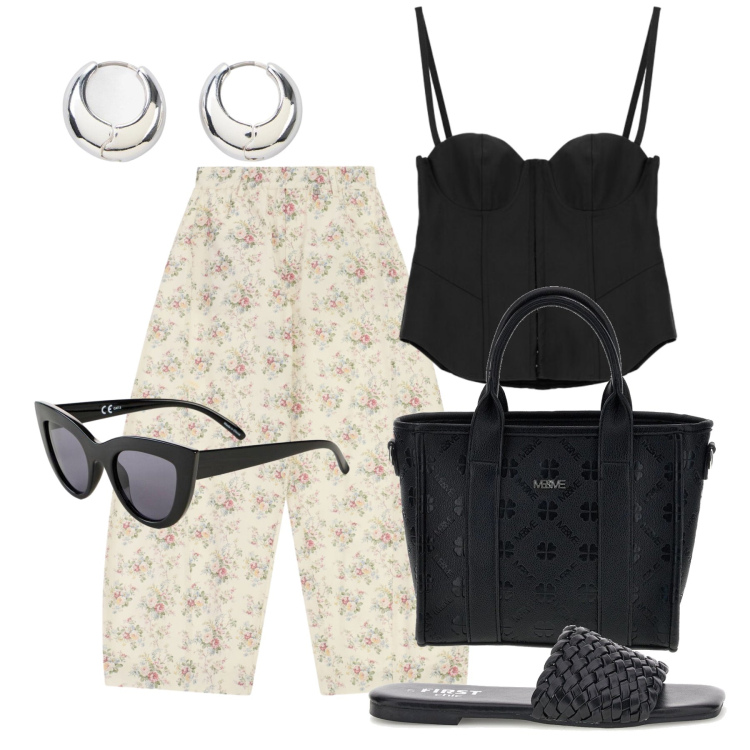 Outfit donna - Agosto. Stile Trendy per Tutti i giorni. Abbinamento con occhiali da sole, orecchini, pantaloni a palazzo, top, borse a tracolla, ciabatte.