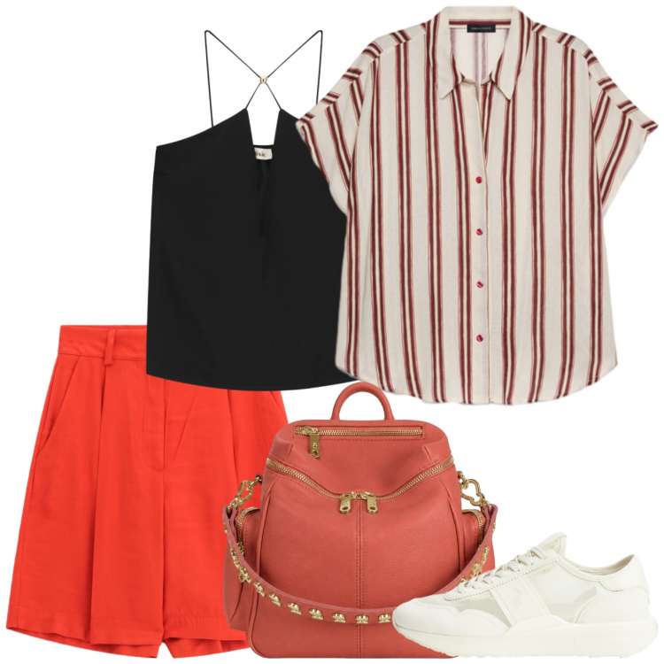 Outfit donna - Piazza San Marco. Stile Casual per Tutti i giorni. Abbinamento con bermuda, top, camicie a manica corta, sneakers, zaini.