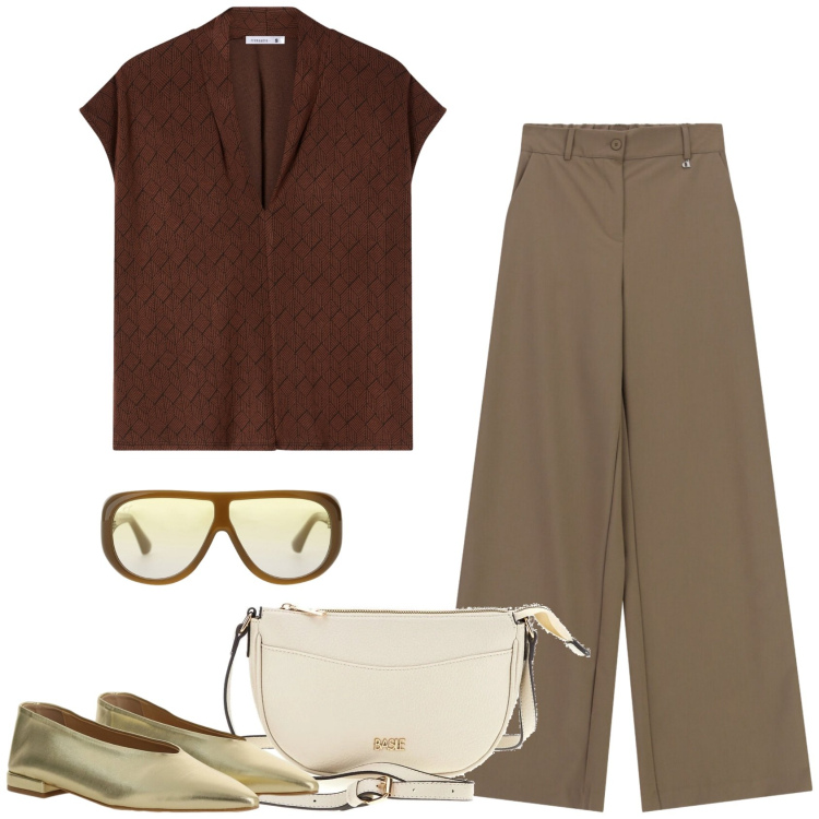 Outfit donna - In città. Stile Casual per Tutti i giorni. Abbinamento con bluse, ballerine, pantaloni a palazzo, occhiali da sole, borse a tracolla.