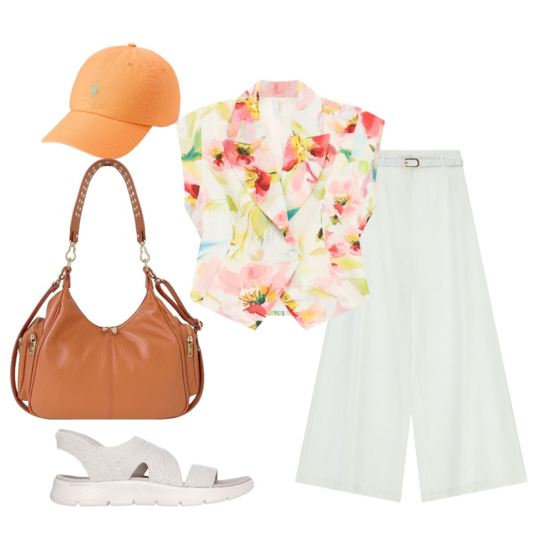Outfit donna - In una tranquilla città d’arte…. Stile Casual chic per Tutti i giorni. Abbinamento con pantaloni a palazzo, top, cappelli con visiera, borse a spalla, sandali.