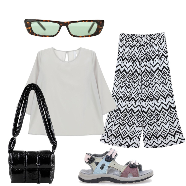Outfit donna - Total look #2450462. Stile Casual chic per Tutti i giorni. Abbinamento con pantaloni a palazzo, bluse, occhiali da sole, borse a spalla, sandali.