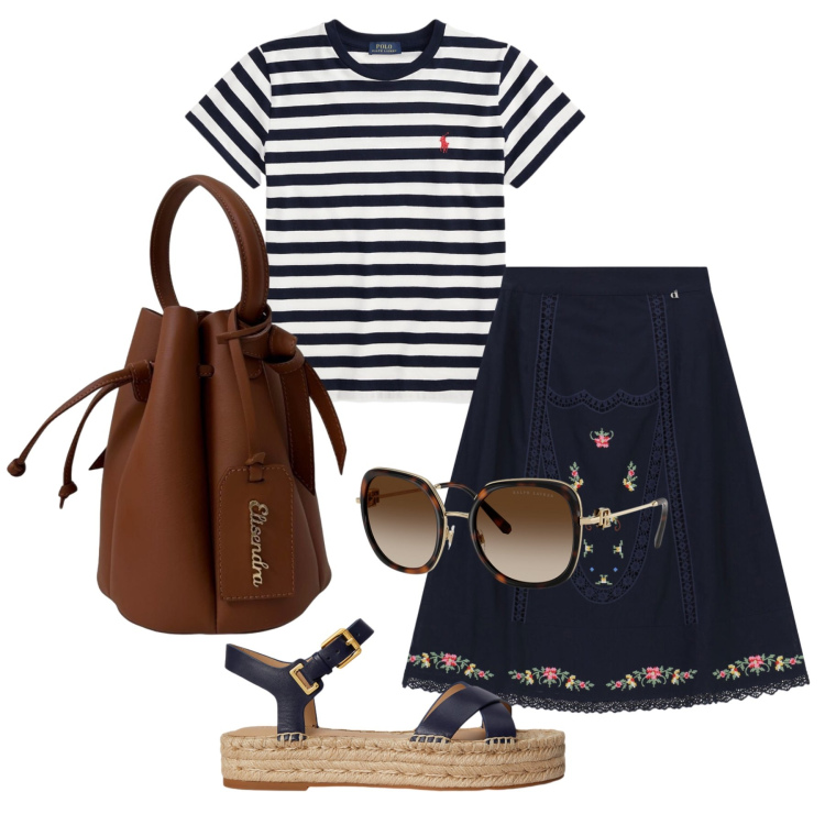 Outfit donna - Agosto. Stile Casual chic per Tutti i giorni. Abbinamento con gonne longuette, espadrillas, occhiali da sole, t-shirt, borse a secchiello.