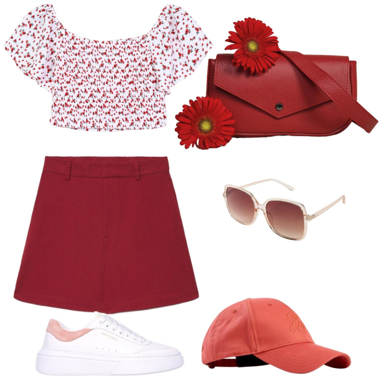 Outfit donna - Total look #2450464. Stile Basic per Tutti i giorni. Abbinamento con cappelli con visiera, occhiali da sole, bluse, bermuda, borse a tracolla, sneakers.