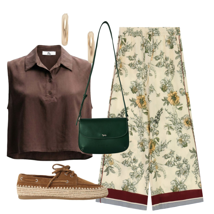 Outfit donna - Tra musei e arte. Stile Casual chic per Tutti i giorni. Abbinamento con top, borse a tracolla, pantaloni a palazzo, scarpe stringate, orecchini.