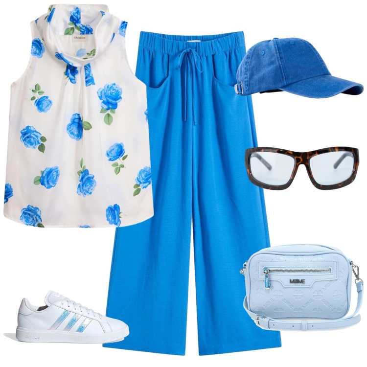 Outfit donna - Total look #2450467. Stile Casual chic per Tutti i giorni. Abbinamento con cappelli con visiera, top, pantaloni, occhiali da sole, borse a tracolla, sneakers.