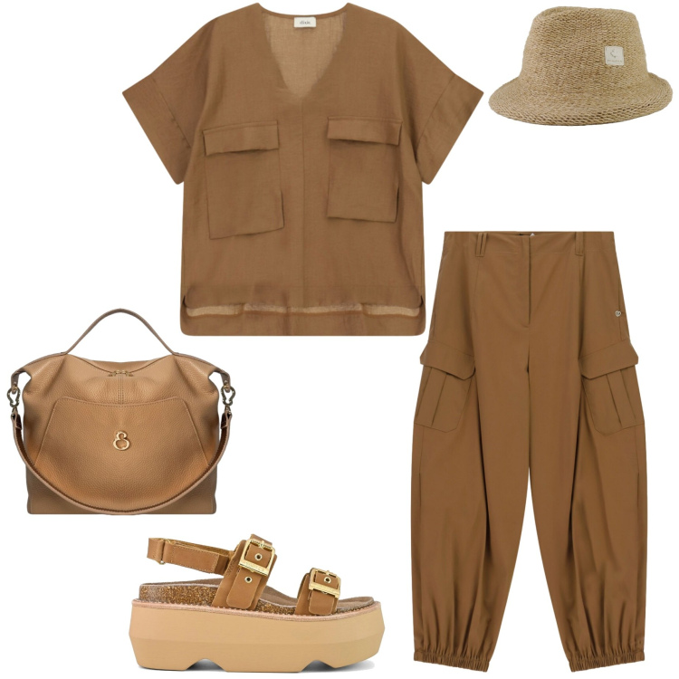 Outfit donna - Metropolitan escape. Stile Casual chic per Tutti i giorni. Abbinamento con pantaloni cargo, bluse, borse a mano, cappelli, sandali col tacco.