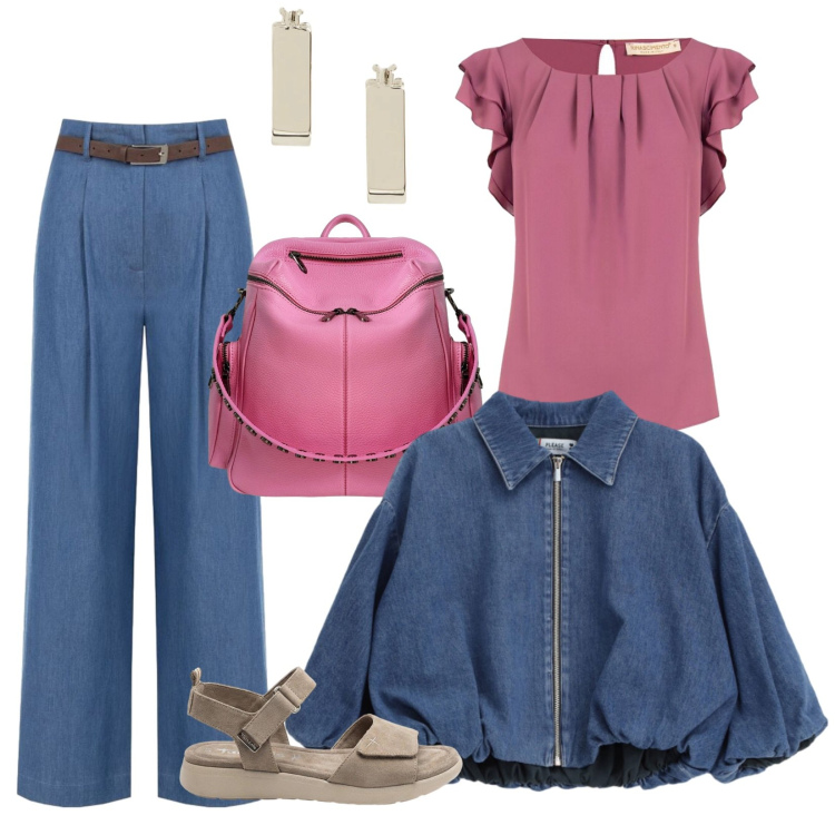 Outfit donna - Escape contemporanea. Stile Trendy per Tutti i giorni. look ideale per Tall. Abbinamento con sandali, blazer, pantaloni a palazzo, top, orecchini, zaini.