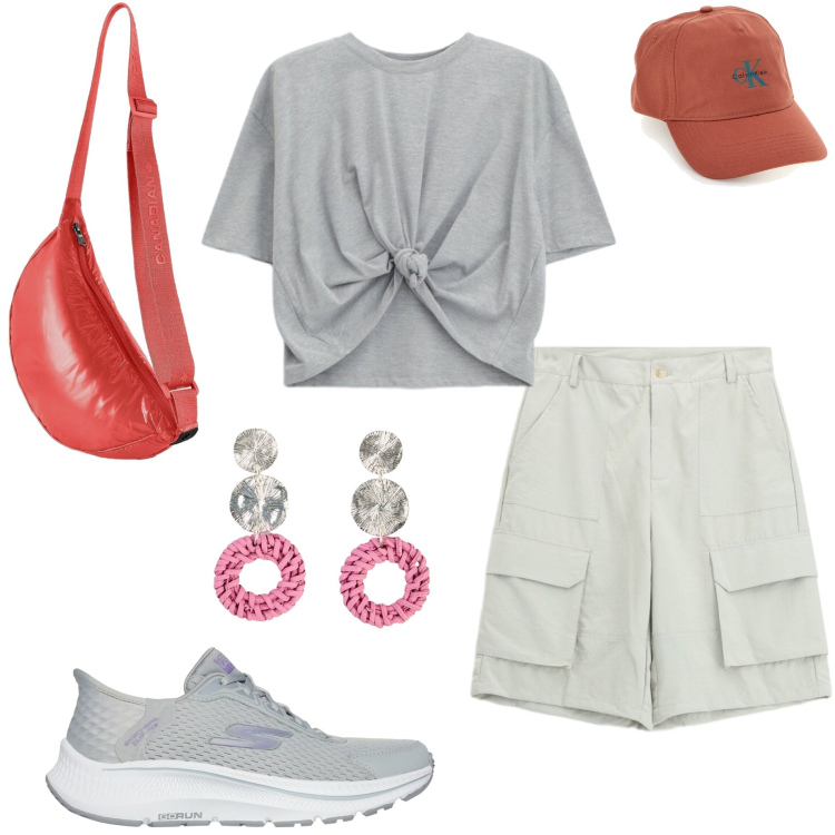 Outfit donna - Metropolitan escape. Stile Casual chic per Tutti i giorni. Abbinamento con orecchini, t-shirt, bermuda, borse a tracolla, sneakers, cappelli con visiera.