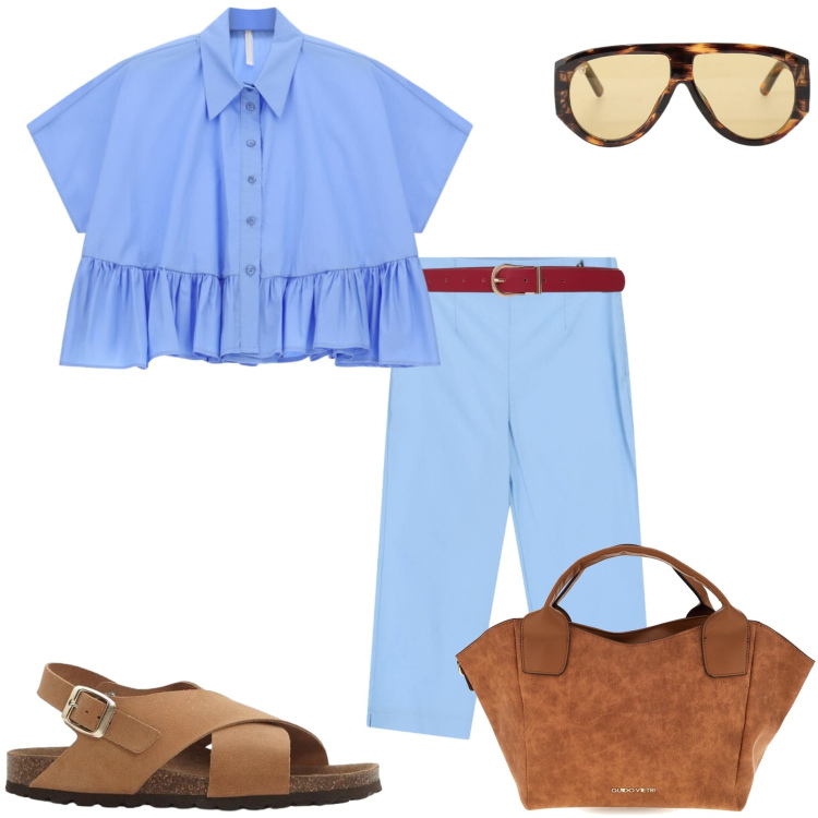 Outfit donna - Metropolitan escape. Stile Casual chic per Tutti i giorni. Abbinamento con sandali in pelle, cinture, pantaloni, occhiali da sole, camicie a manica corta, borse a mano.