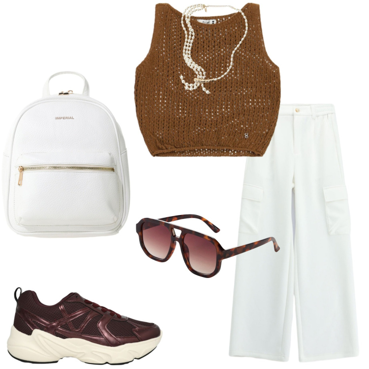Outfit donna - Metropolitan escape. Stile Casual chic per Tutti i giorni. Abbinamento con occhiali da sole, sneakers, top, collane, zaini, pantaloni cargo.