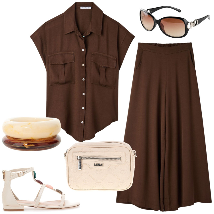 Outfit donna - Total look #2450479. Stile Casual chic per Tutti i giorni. Abbinamento con occhiali da sole, pantaloni, camicie a manica corta, braccialetti, sandali gioiello, borse a tracolla.