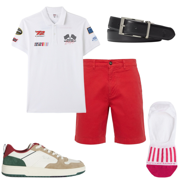 Outfit uomo - Bermuda e polo. Stile Trendy per Tutti i giorni. Abbinamento con sneakers, calzini, bermuda, polo, cinture.