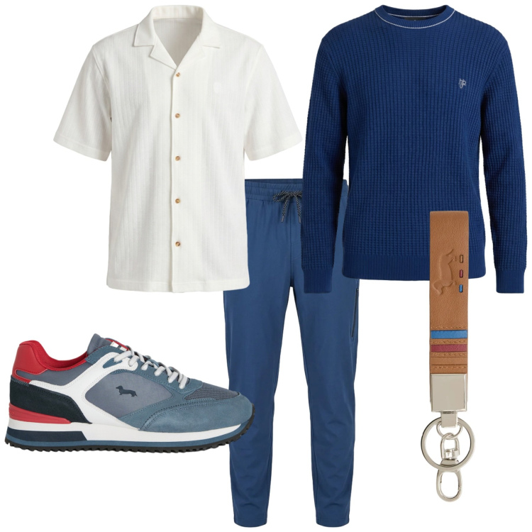 Outfit uomo - Total look #2450481. Stile Casual per Tutti i giorni. Abbinamento con camicie a manica corta, maglieria, sneakers, portachiavi, pantaloni.