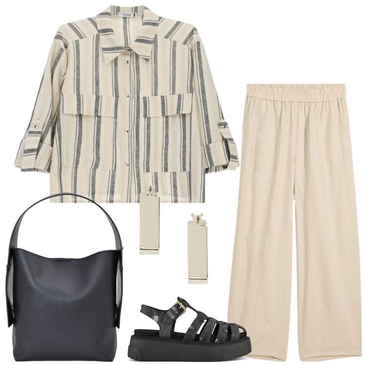 Outfit donna - Total look #2450482. Stile Casual per Tutti i giorni. Abbinamento con pantaloni, camicie a manica corta, borse a spalla, orecchini, sandali.