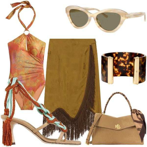 Outfit donna - Ferragosto mare. Stile Glamour per Mare. Abbinamento con ciabatte, gonne longuette, occhiali da sole, costumi interi, borse a mano, braccialetti.