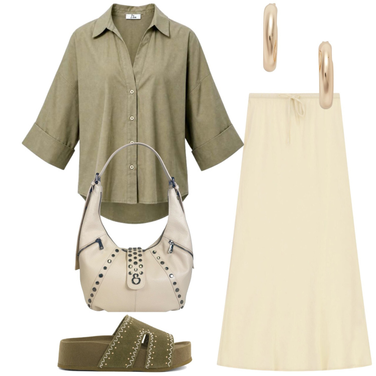 Outfit donna - Total look #2450495. Stile Casual per Tutti i giorni. Abbinamento con camicie, gonne lunghe, orecchini, borse a spalla, ciabatte.