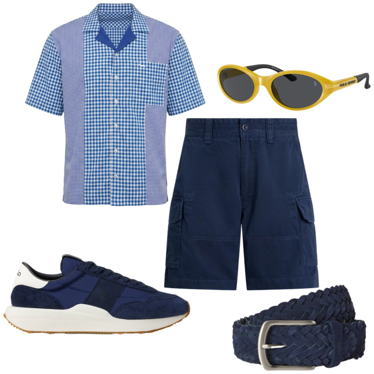 Outfit uomo - Total look #2450515. Stile Trendy per Serata speciale. Abbinamento con camicie a manica corta, cinture, occhiali da sole, sneakers, shorts.