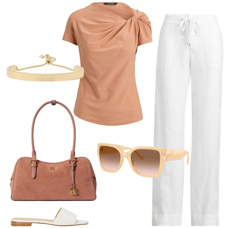 Outfit donna - Total look #2450531. Stile Casual chic per Tutti i giorni. Abbinamento con pantaloni, occhiali da sole, ciabatte, borse a mano, braccialetti, t-shirt.