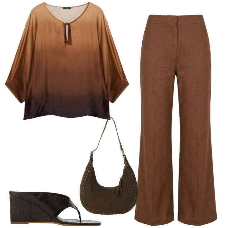 Outfit donna - Total look #2450533. Stile Casual per Tutti i giorni. Abbinamento con borse a spalla, sandali col tacco, pantaloni, bluse.