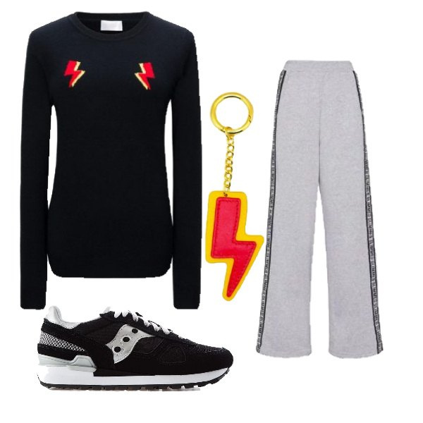 Outfit donna - Glimmed. Stile Trendy per Tutti i giorni. Abbinamento con sneakers contrasto con lacci nero, pantalone, maglione girocollo jacquard nero, portachiavi rosso e giallo.