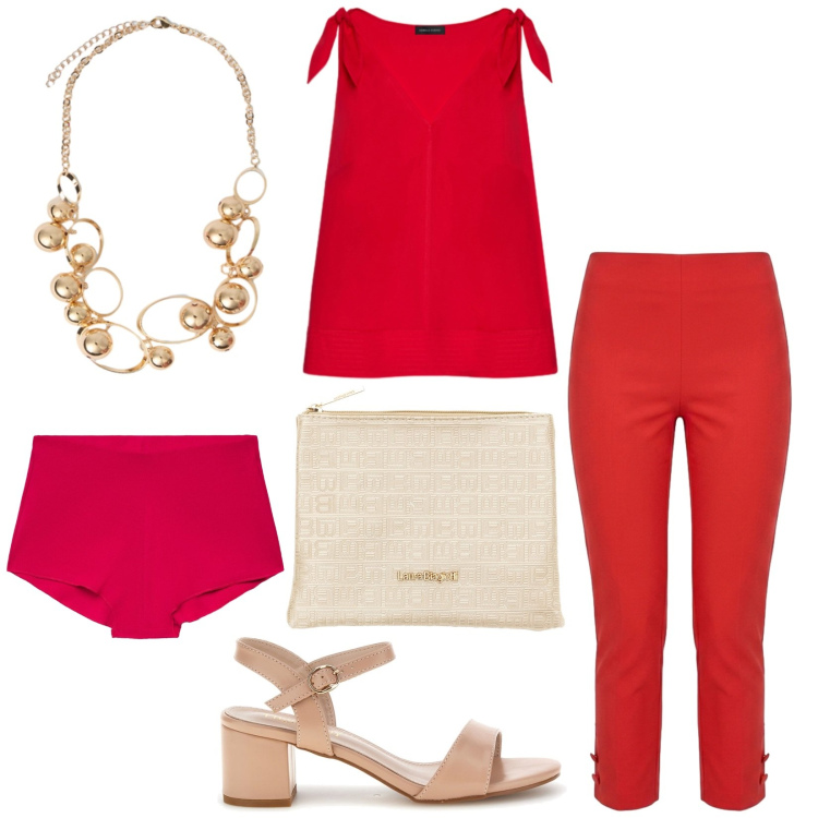 Outfit donna - Total look #2450548. Stile Casual chic per Tutti i giorni. Abbinamento con culotte, pantaloni, collane, top, pochette, sandali col tacco.