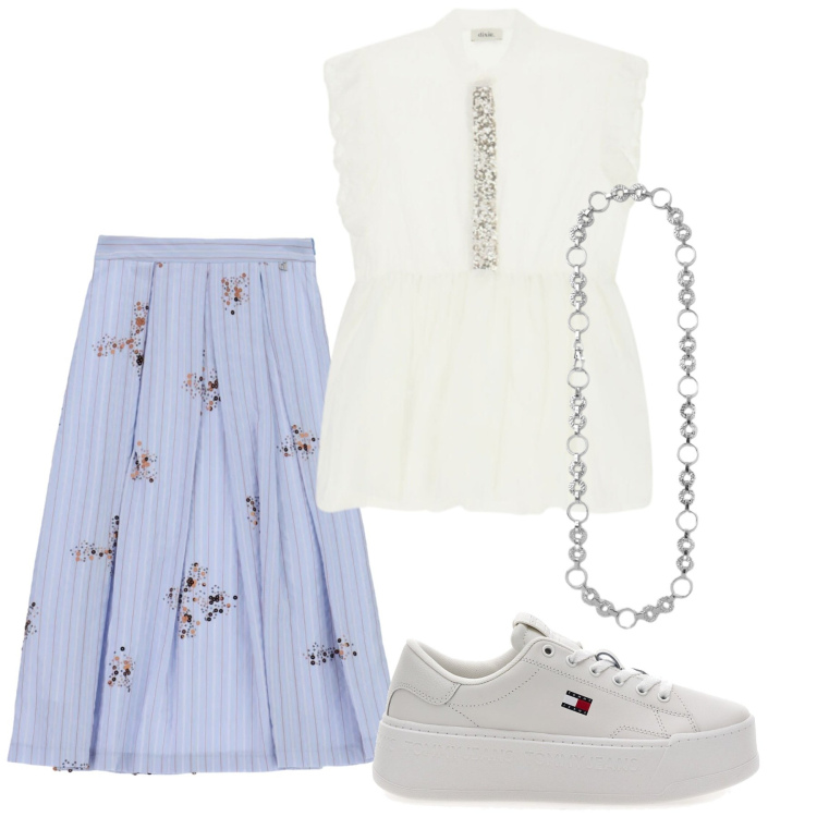 Outfit donna - Total look #2450584. Stile Romantica per Ufficio. Abbinamento con cinture, top, gonne lunghe, sneakers.