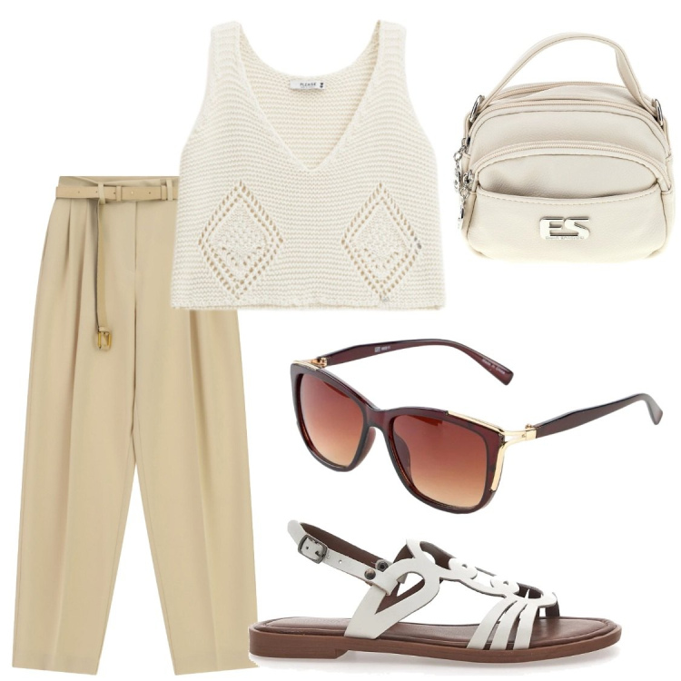Outfit donna - Passeggiate turistiche. Stile Chic per Tutti i giorni. Abbinamento con occhiali da sole, top, pantaloni a palazzo, sandali, borse a tracolla.