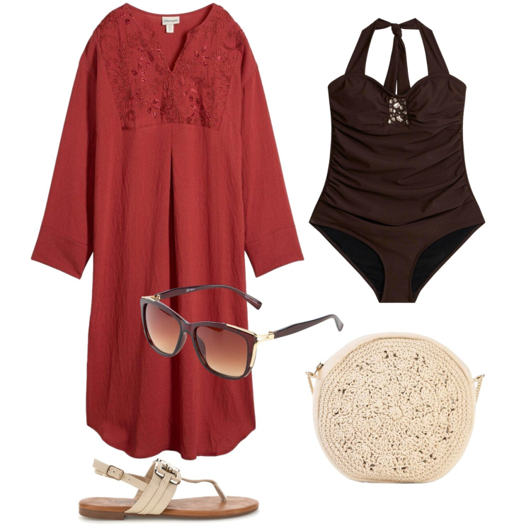 Outfit donna - Dalla spiaggia all\'aperitivo. Stile Etnico per Mare. Abbinamento con borse a tracolla, occhiali da sole, costumi interi, caftani, sandali.
