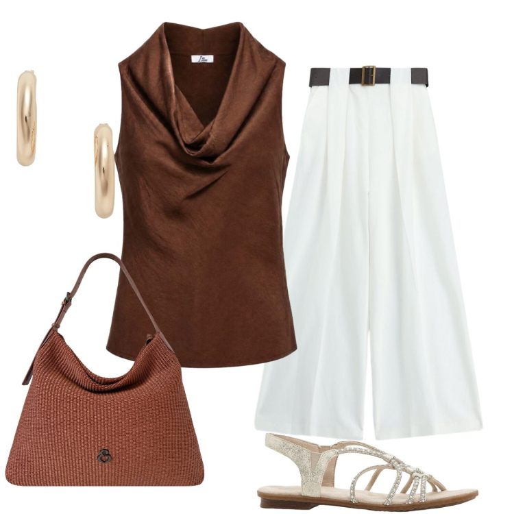 Outfit donna - Minimal chic per una fuga metropolitana. Stile Minimal per Tutti i giorni. Abbinamento con sandali, canottiere, pantaloni a palazzo, orecchini, borse a spalla.