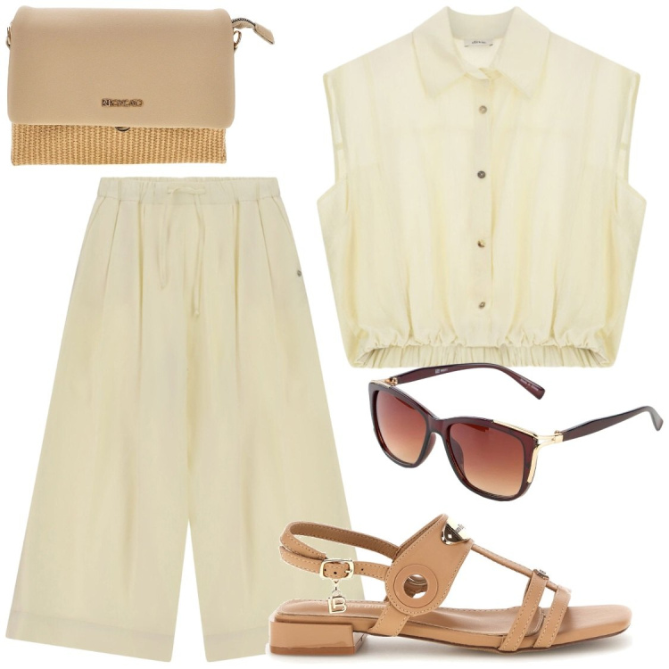 Outfit donna - Andiamo al Colosseo?. Stile Chic per Tutti i giorni. Abbinamento con occhiali da sole, pantaloni a palazzo, camicie, borse a spalla, sandali col tacco.
