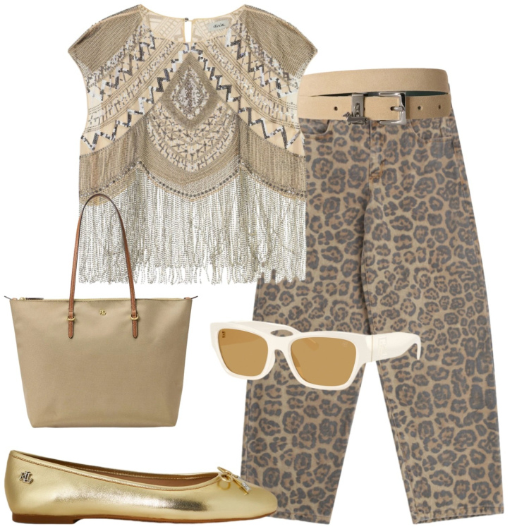 Outfit donna - In giro in città. Stile Casual per Tutti i giorni. Abbinamento con cinture, top, pantaloni a palazzo, occhiali da sole, borse tote, ballerine.