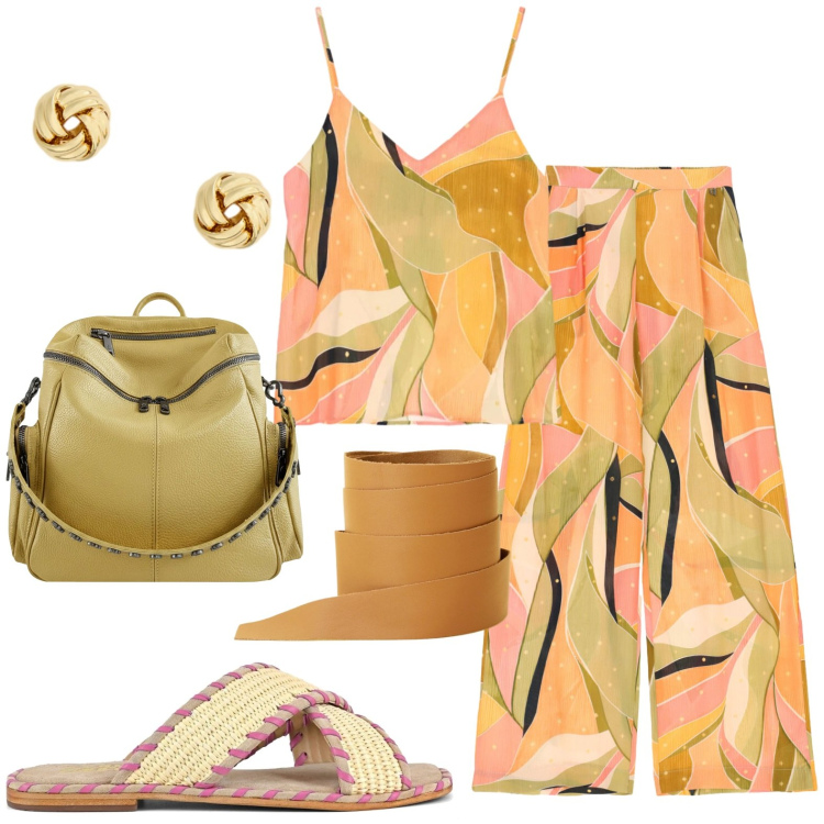 Outfit donna - Estate in città. Stile Casual per Tutti i giorni. Abbinamento con top, pantaloni a palazzo, cinture, orecchini, zaini, ciabatte.