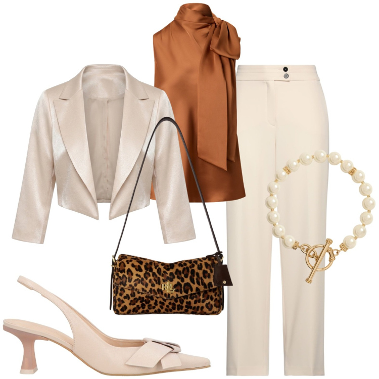 Outfit donna - Chic. Stile Chic per Serata fuori. Abbinamento con décolleté, pantaloni, bolero, collane, bluse, borse a spalla.