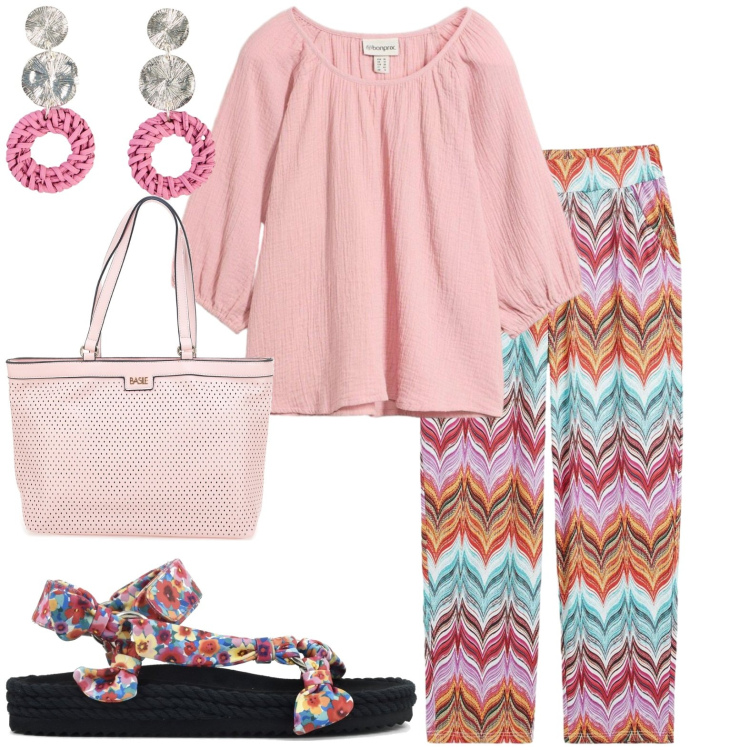 Outfit donna - Colore. Stile Casual per Tutti i giorni. Abbinamento con pantaloni, tuniche, orecchini, sandali, borse a spalla.