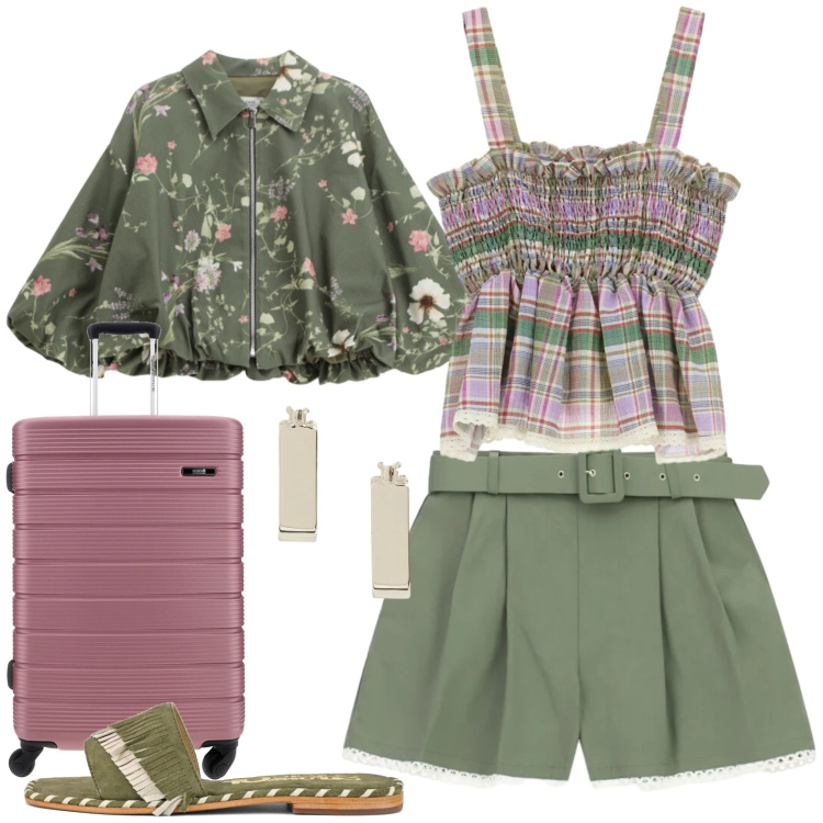 Outfit donna - Si parte. Stile Casual per Tutti i giorni. Abbinamento con bomber, shorts, top, orecchini, ciabatte, valigie.