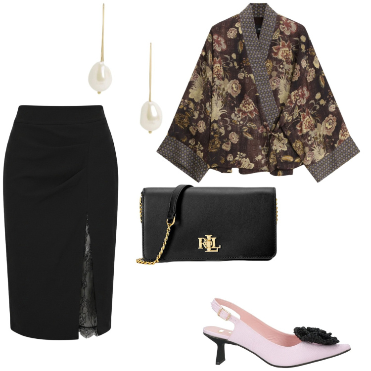 Outfit donna - Kimono Elegante. Stile Chic per Cerimonia. Abbinamento con décolleté, kimono, gonne longuette, borse a mano, orecchini.