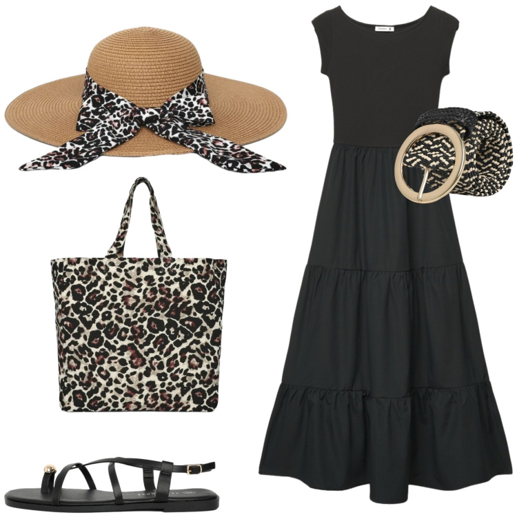 Outfit donna - Total look #2450681. Stile Casual per Tutti i giorni. Abbinamento con cinture, vestiti lunghi, cappelli, shopping bag, sandali.