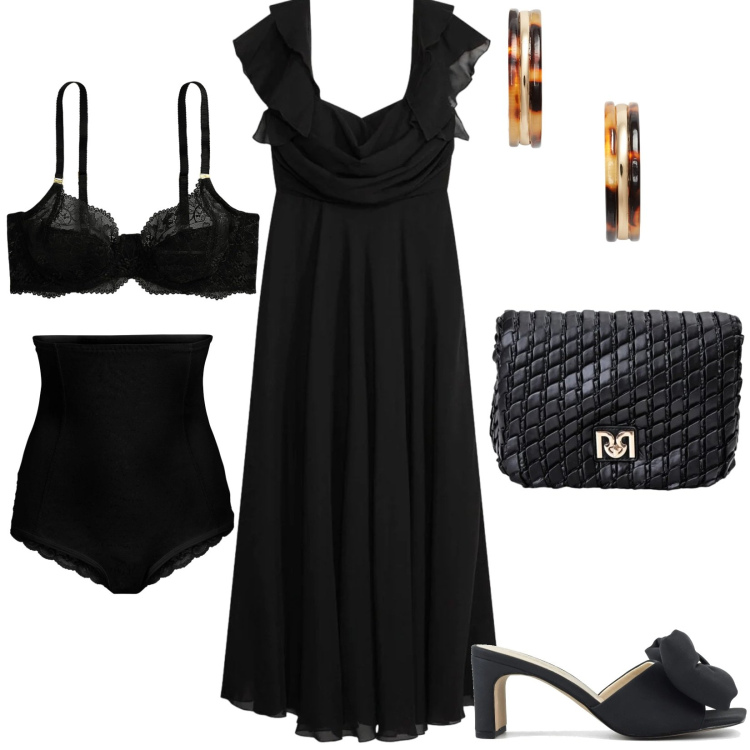 Outfit donna - Abito in chiffon. Stile Chic per Serata fuori. Abbinamento con vestiti lunghi, culotte, borse a tracolla, orecchini, reggiseni, sandali col tacco.