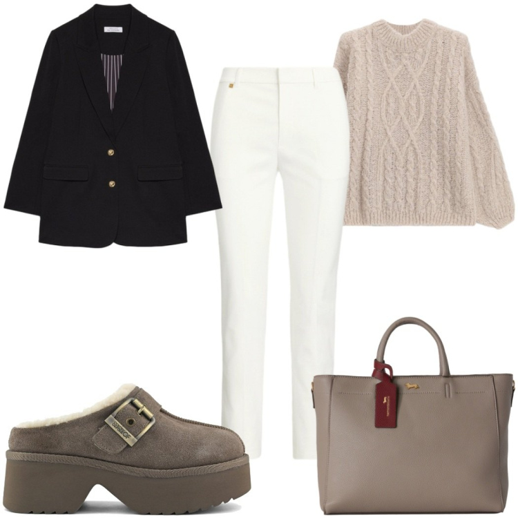 Outfit donna - Total look #2450684. Stile Minimal per Ufficio. Abbinamento con borse a mano, maglieria, blazer, pantaloni, sabot.