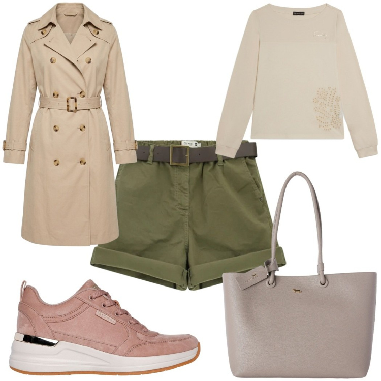 Outfit donna - Total look #2450685. Stile Trendy per Tutti i giorni. Abbinamento con shopping bag, shorts, trench, felpe, sneakers.