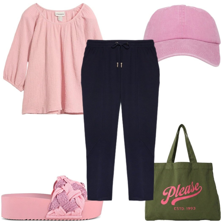 Outfit donna - Total look #2450687. Stile Trendy per Tutti i giorni. Abbinamento con tuniche, cappelli con visiera, shopping bag, pantaloni, ciabatte.
