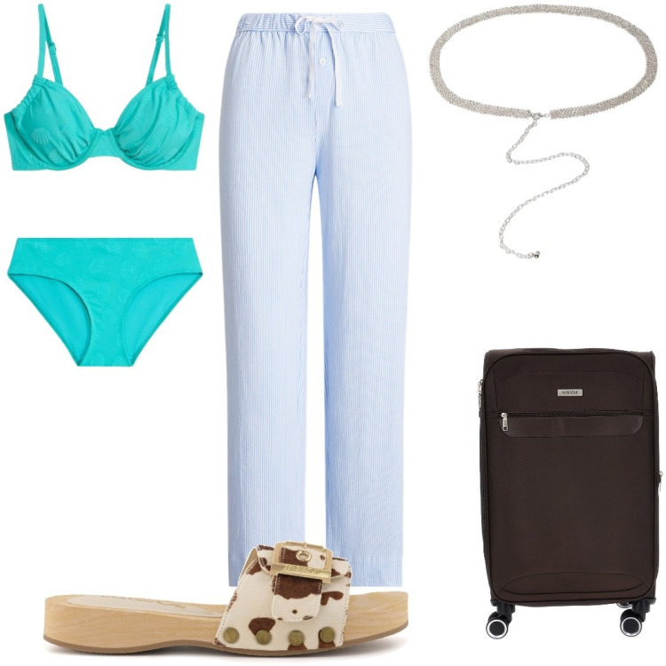 Outfit donna - Total look #2450688. Stile Trendy per Mare. Abbinamento con bikini, cinture, pantaloni, ciabatte, valigie.