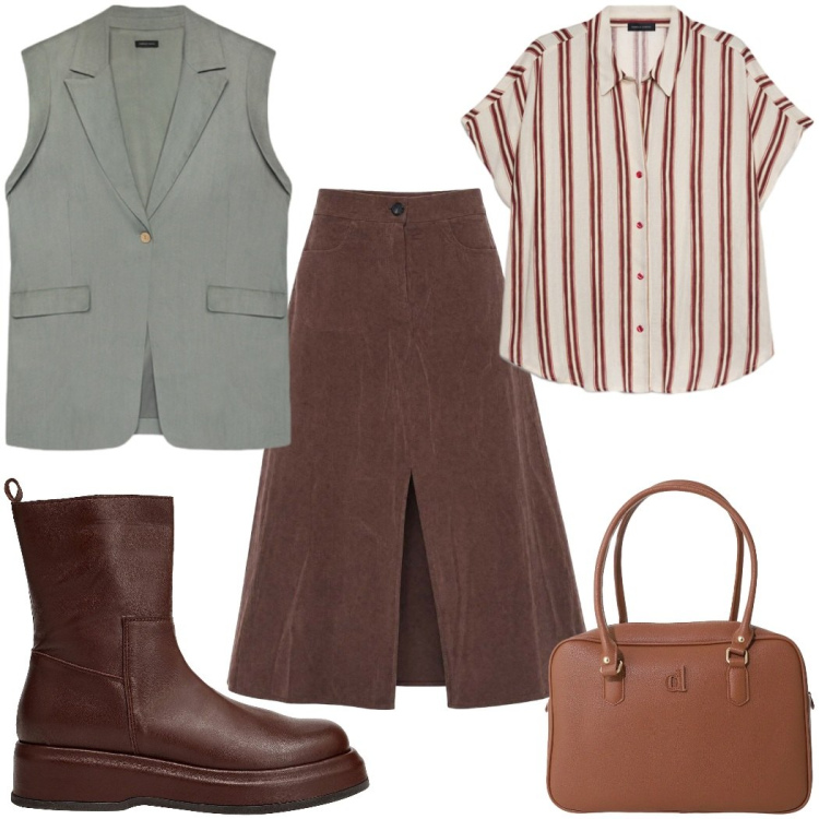 Outfit donna - Total look #2450689. Stile Trendy per Tutti i giorni. Abbinamento con stivaletti, gonne lunghe, borse a mano, camicie a manica corta, gilet.