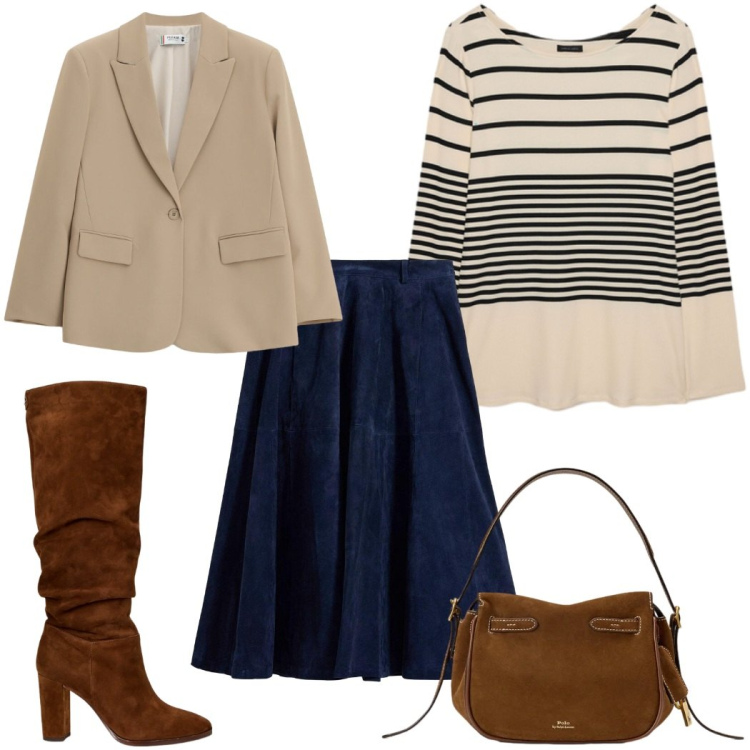 Outfit donna - Total look #2450690. Stile Casual per Tutti i giorni. Abbinamento con gonne, blazer, t-shirt, stivali, borse a mano.
