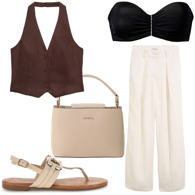 Outfit donna - Fresca e comoda. Stile Casual chic per Tutti i giorni. Abbinamento con reggiseni, pantaloni, gilet, borse a secchiello, sandali.