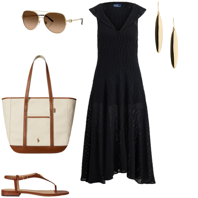 Outfit donna - Total look #2450692. Stile Casual per Tutti i giorni. Abbinamento con occhiali da sole, borse tote, sandali in pelle, orecchini, vestiti.