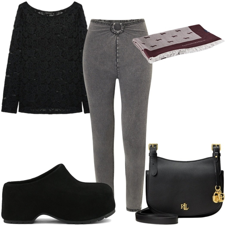 Outfit donna - Total look #2450694. Stile Basic per Tutti i giorni. Abbinamento con sciarpe, t-shirt, jeggings, borse a tracolla, zoccoli.