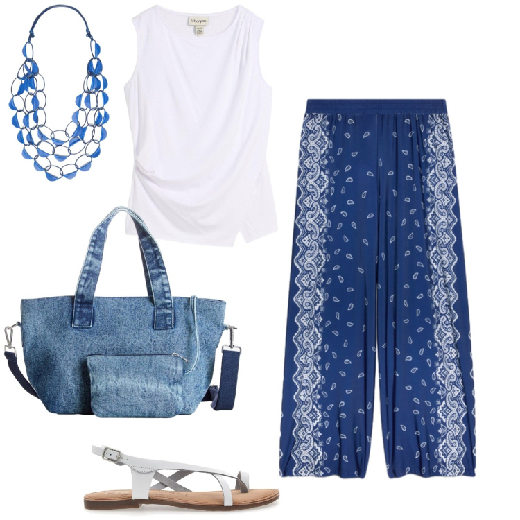 Outfit donna - Freschezza fluente. Stile Boho per Tutti i giorni. Abbinamento con borse a mano, top, collane, pantaloni a palazzo, sandali.