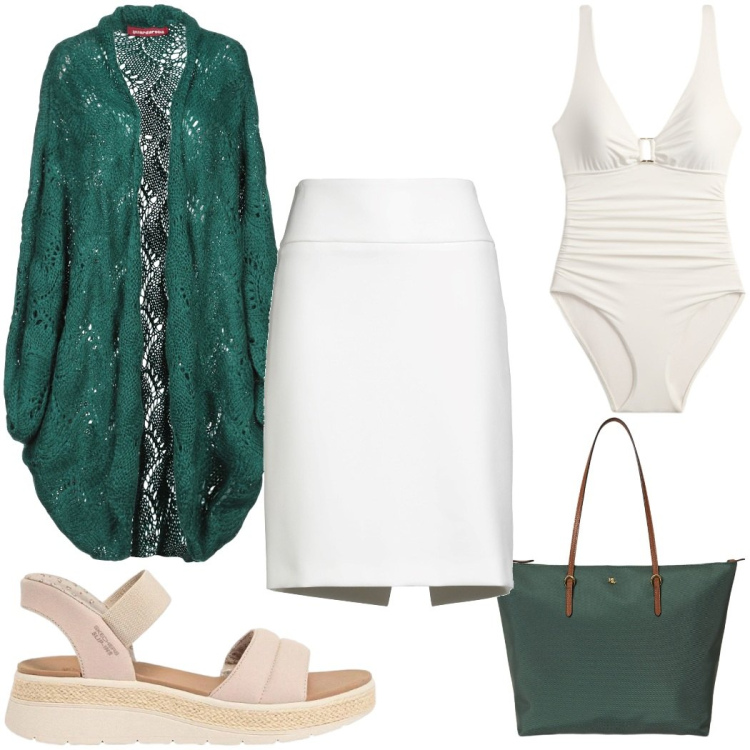Outfit donna - Total look #2450697. Stile Trendy per Mare. Abbinamento con minigonne, cardigans, sandali, costumi interi, borse tote.