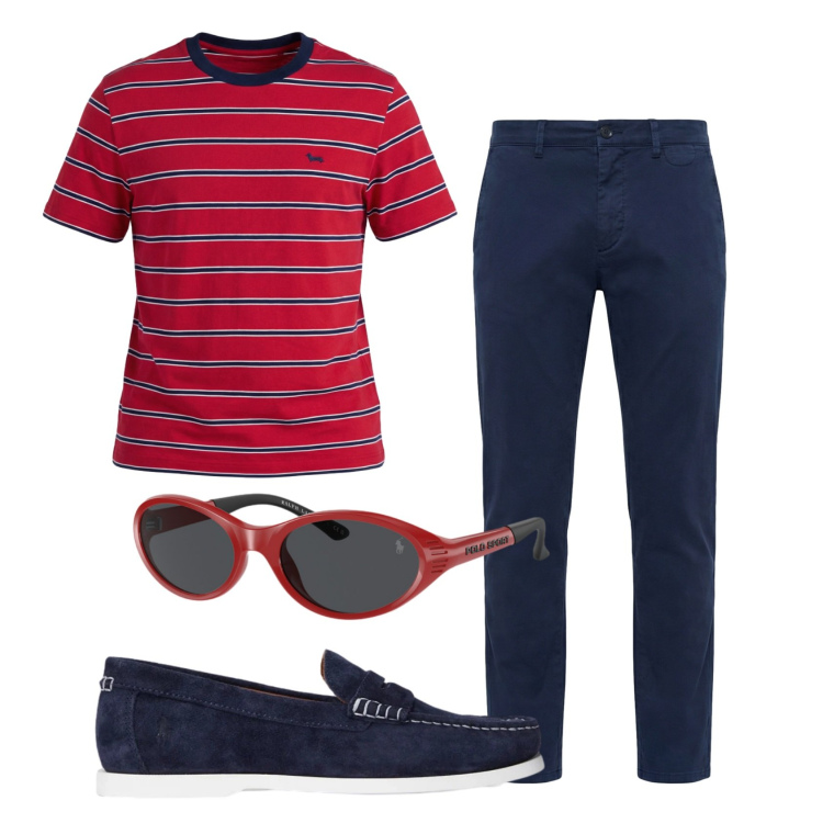 Outfit uomo - Total look #2450698. Stile Casual per Tutti i giorni. Abbinamento con t-shirt, pantaloni chino, occhiali da sole, scarpe stringate.